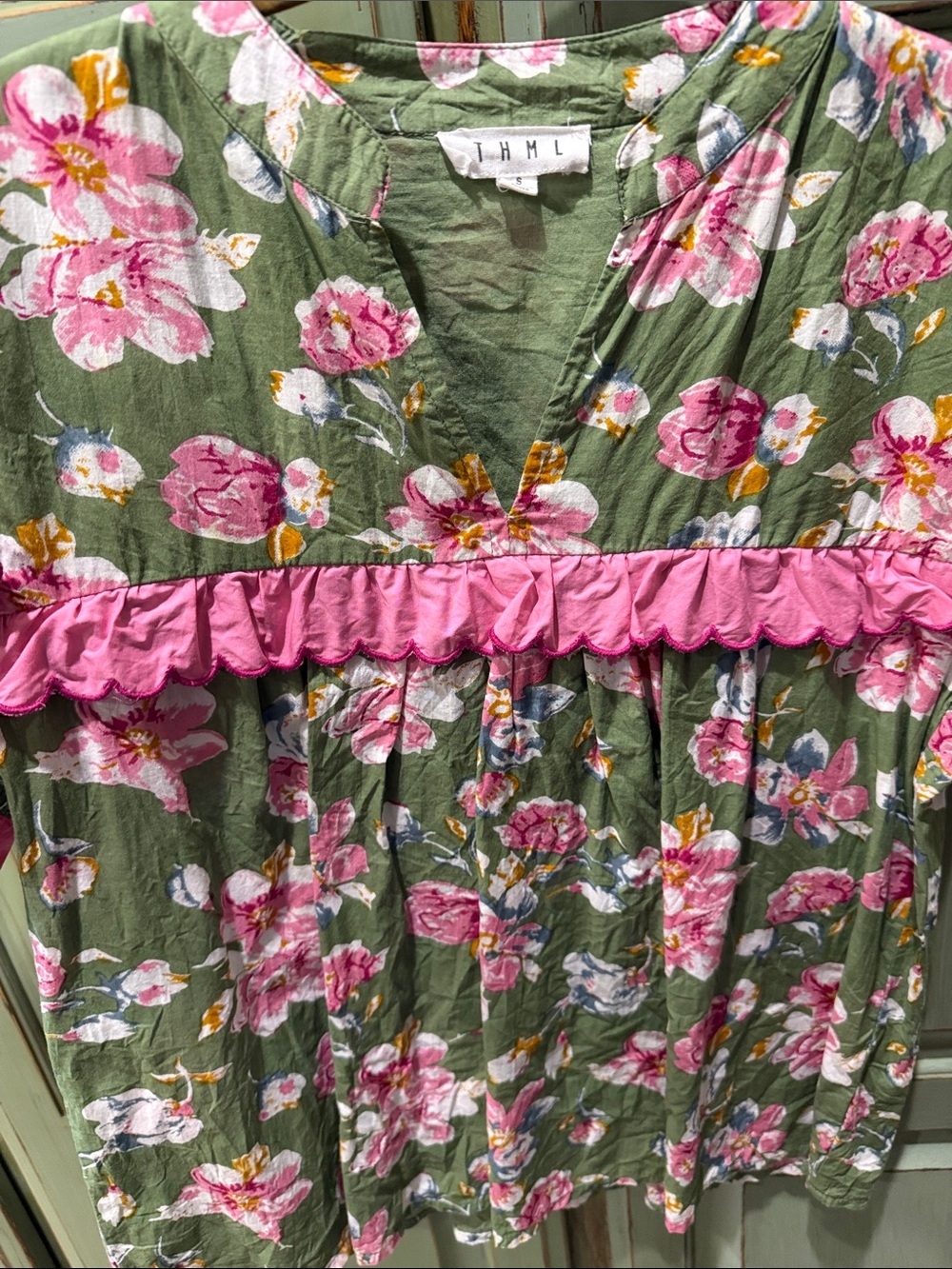 THML Olive Green Floral Pajama Top with Bright Pink Ruffle - Picture 6 of 6